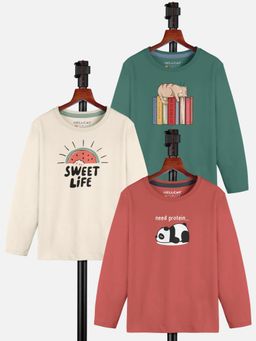 HELLCAT - Multi-Color Trendy Graphic Round Neck Full Sleeve T-shirt for Girls (Pack of 3)