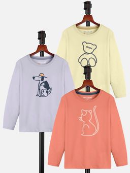 HELLCAT - Multi-Color Trendy Printed Round Neck Full Sleeve T-shirt for Girls (Pack of 3)