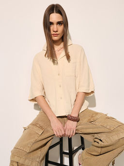 ONLY - Women Beige Oversized Fit Cotton Shirt