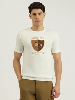 United Colors of Benetton - Men Off White Pure Cotton Regular Fit T-Shirt