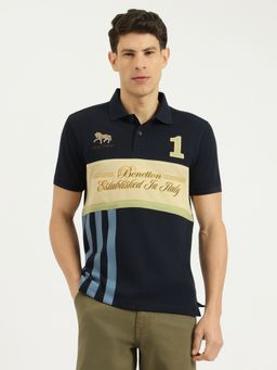 United Colors of Benetton - Men Navy Blue Pure Cotton Relaxed Fit Polo T-Shirt