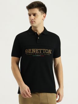 United Colors of Benetton - Men Black Pure Cotton Relaxed Fit Polo T-Shirt