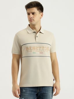United Colors of Benetton - Men Beige Pure Cotton Relaxed Fit Polo T-Shirt