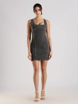 Calvin Klein - Blue Cotton Scoop Neck Denim Mini Dress