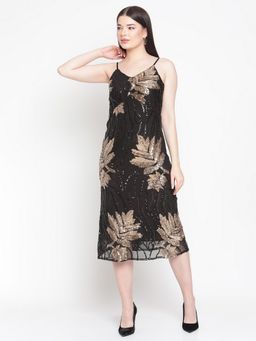 AMAGYAA - Black Sequined Net Sheath Midi Dress
