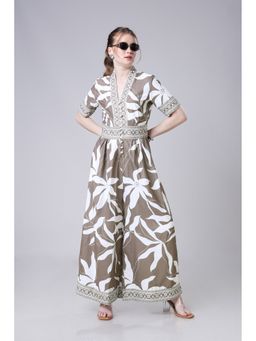 NEOFAA - Brown Tropical Bloom Wide Leg V-Neck Jumpsuit