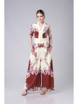 NEOFAA - Cream Vintage Floral Wide-Leg V-Neck Jumpsuit