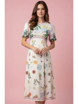 Outzidr - White Puff Sleeve Graphic Print Midi Dress