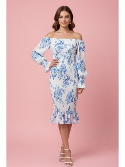 Outzidr - Blue Floral Print Off Shoulder Full Sleeve Midi Dress
