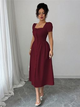 Outzidr - Wine Puff Sleeve Front Button Midi Dress