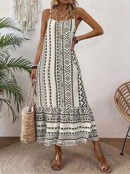 Outzidr - Off White Spaghetti Strap Printed Midi Dress