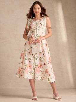 Outzidr - Multicolor Aline Printed Poly Slub Midi Dress