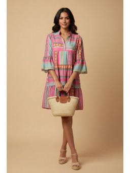 Outzidr - Multicolor Bell Sleeve Front Button Mini Dress