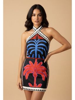 Outzidr - Black Printed Halter Neck Mini Dress