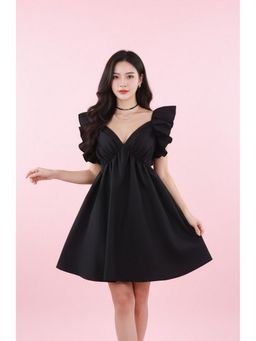 Outzidr - Black Ruffle Sleeve Back Tie-Up Mini Dress