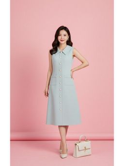 Outzidr - Mint Green Sleeveless Collared Front Buttoned Midi Dress