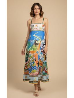 Outzidr - Multicolor Abstract Print Spaghetti Strap Flared Maxi Dress