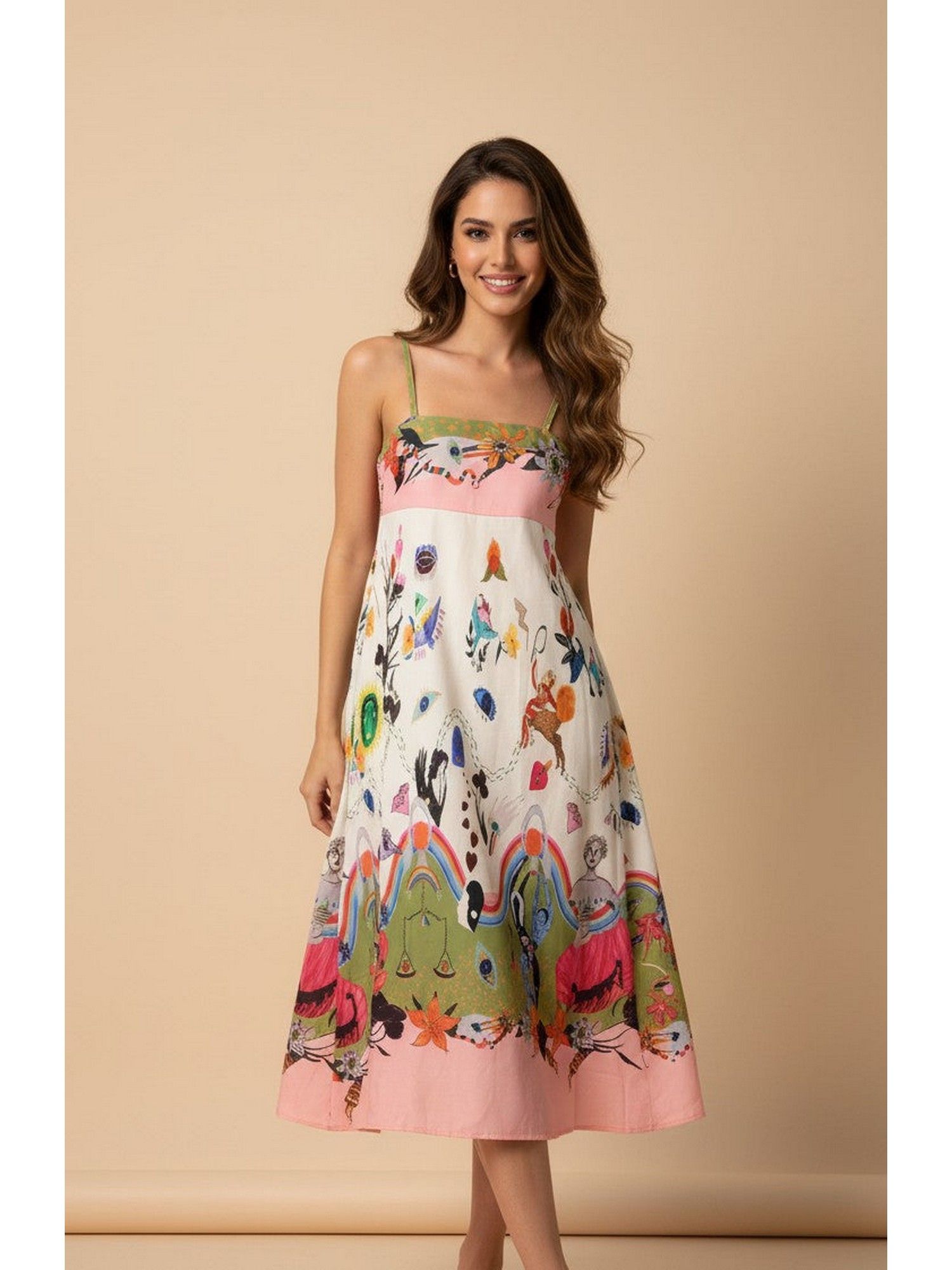Multicolor Abstract Print Spaghetti Strap Flared Maxi Dress-image-12