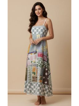 Outzidr - Multicolor Abstract Print Spaghetti Strap Flared Maxi Dress