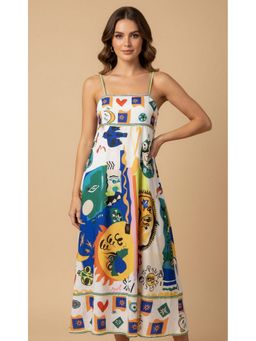 Outzidr - Multicolor Abstract Print Spaghetti Strap Flared Maxi Dress