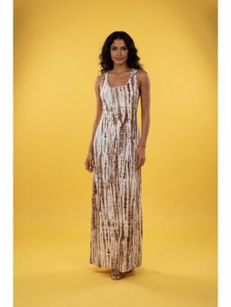 Outzidr - Brown Scoop Strap Tie-Dye Effect Maxi Dress