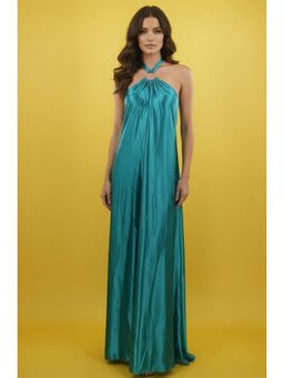 Outzidr - Blue Halter Neck Flared Maxi Dress