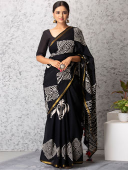 Baisacrafts - Alina Handblock Cotton Saree With Unstiched Blouse