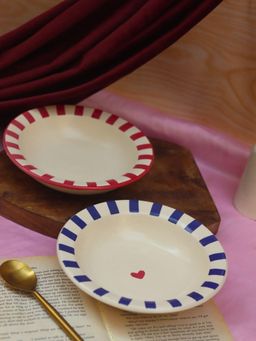 WEAVING HOMES - Red & Blue Striped Pasta Plate Combo - 2 Pieces, Microwave & Dishwasher Safe