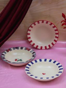 WEAVING HOMES - Striped & Cherry Pasta Plate Combo - 3 Pieces, Microwave & Dishwasher Safe