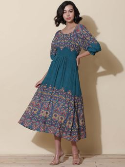 Label Ritu Kumar - Teal Printed Midi Dress