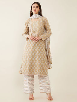 Soch - Beige Cotton Unstitched Dress Material - 3 Meter Kurta Fabric