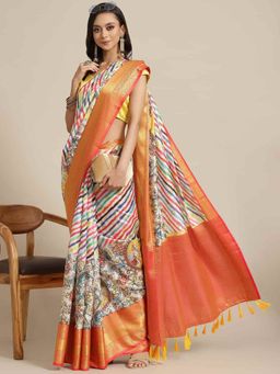 Silk Land - Pure Silk Stripes & Woven Saree with Unstitched Blouse Piece Multi-Color with Unstitched