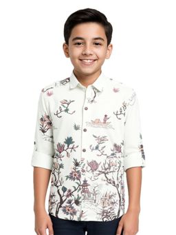 CAVIO - Boys White Cotton Regular Fit Spread Collar Full Sleeves Printed Shirt