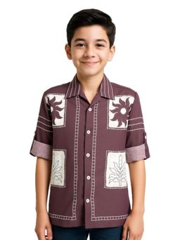 CAVIO - Boys Brown Cotton Full Sleeves Printed Shirt with T-Shirt