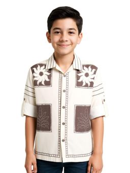 CAVIO - Boys Cream Cotton Full Sleeves Printed Shirt with T-Shirt
