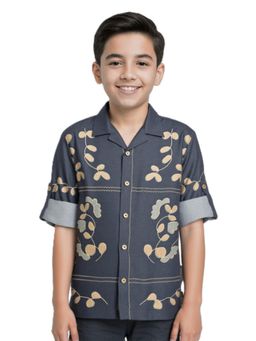 CAVIO - Boys Blue Cotton Regular Fit Spread Collar Full Sleeves Printed Shirt