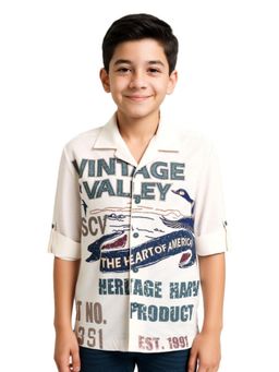 CAVIO - Boys Cream Cotton Regular Fit Spread Collar Full Sleeves Printed Shirt