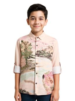 CAVIO - Boys Peach Cotton Regular Fit Spread Collar Full Sleeves Printed Shirt