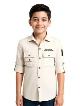 CAVIO - Boys Cream Cotton Regular Fit Spread Collar Full Sleeves Printed Shirt