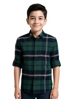 CAVIO - Boys Green Cotton Regular Fit Spread Collar Full Sleeves Checks Shirt
