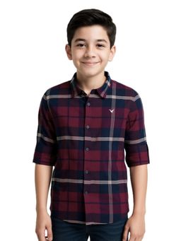 CAVIO - Boys Maroon Cotton Regular Fit Spread Collar Full Sleeves Checks Shirt