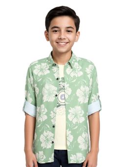CAVIO - Boys Green Cotton Full Sleeves Floral Printed Shirt with T-Shirt