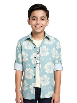 CAVIO - Boys Blue Cotton Full Sleeves Floral Printed Shirt with T-Shirt