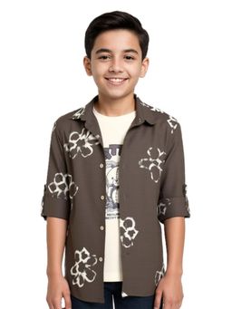CAVIO - Boys Brown Cotton Full Sleeves Floral Printed Shirt with T-Shirt