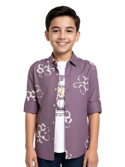 CAVIO - Boys Purple Cotton Full Sleeves Floral Printed Shirt with T-Shirt