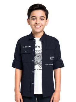 CAVIO - Boys Black Regular Fit Spread Collar Full Sleeves Solid Shirt & T-Shirt