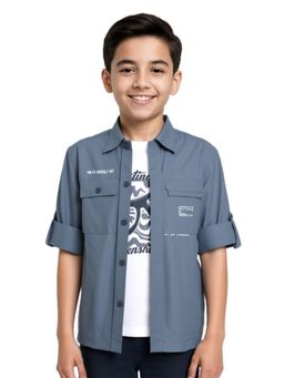 CAVIO - Boys Blue Regular Fit Spread Collar Full Sleeves Solid Shirt & T-Shirt