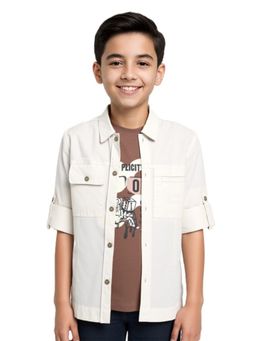 CAVIO - Boys Cream Regular Fit Spread Collar Full Sleeves Solid Shirt & T-Shirt