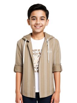 CAVIO - Boys Brown Cotton Striped Full Sleeves Shirt with T-Shirt