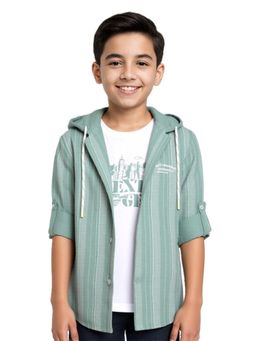 CAVIO - Boys Green Cotton Striped Full Sleeves Hooded Shirt with T-Shirt